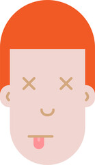 Flat design of a face with orange hair, closed eyes represented by X marks, and a tongue sticking out, simple cartoon style.
