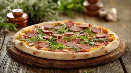 Delicious Pepperoni Pizza with Fresh Arugula on a Rustic Wooden Table Setting