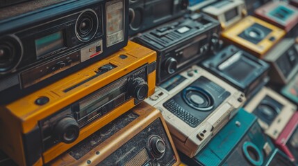 Retro music collection vintage cassette tapes and boomboxes urban setting photography nostalgic vibes
