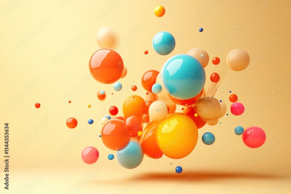 Wall mural Multicolored floating spheres on a yellow background