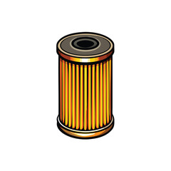 Close-up detailed shot of a new, cylindrical car oil filter; clean, metallic surface; showing threading and sealing gasket.