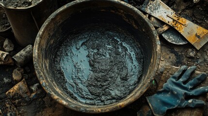 Cement and water in a large mixing tub, with gloves and a trowel placed nearby for construction use