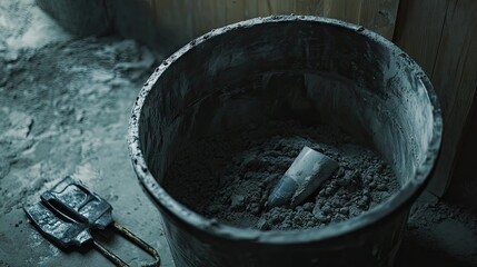 Cement and water in a large mixing tub, with gloves and a trowel placed nearby for construction use