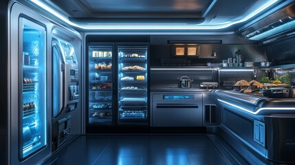 Naklejka premium Futuristic smart kitchen with advanced appliances and neon lighting