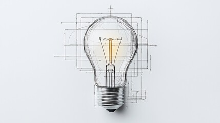 Glowing light bulb with blueprint sketch.