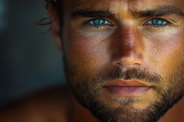 Obraz premium Confident and Handsome Man with Chiseled Jawline in Soft Natural Lighting Outdoor Portrait