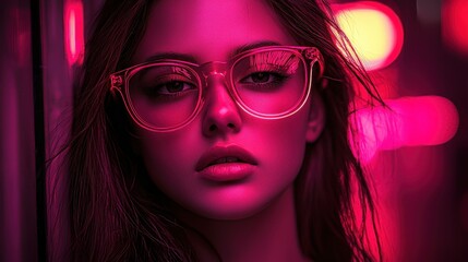 Obraz premium Portrait of a woman with glasses in vibrant lighting.