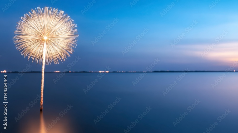 Poster a glowing dandelion-like structure stands tall above calm waters at twilight, creating a serene and 