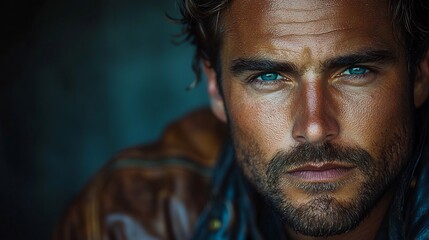 Obraz premium Ruggedly Handsome Man in Leather Jacket with Intense Moody Expression