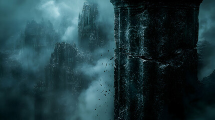 Crumbling stone column overlooking misty, ruined city.