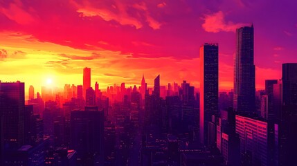 Fototapeta premium vibrant city skyline at sunset, perfect for promotional text overlays, exuding urban innovation and excitement.