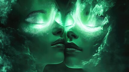 Two women's faces merging, enveloped in glowing green smoke, eyes closed, lips almost touching.
