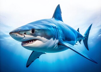 Obraz premium Great White Shark Panoramic, Ocean Predator, Wildlife Photography, Marine Animal, White Background, Sea Creature, Jaws, Shark Image, Underwater Photo, Panoramic View,
