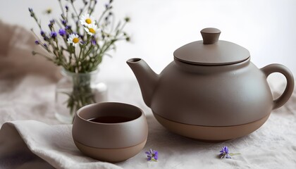 Tea with Simple Ceramic Pot and Flowers – Earthy Ceramic Teapot and Fresh Wildflowers for Serene Tea Moment