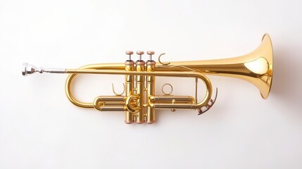 Fototapeta premium A shiny golden trumpet lies flat against a light background, showcasing its intricate valves and smooth surface.