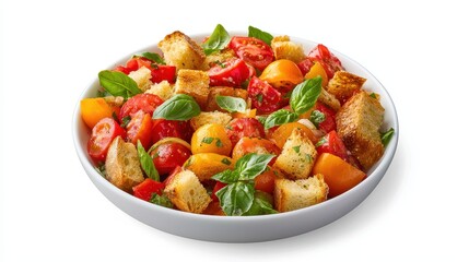 Fresh Tomato Salad with Croutons and Basil Leaves Served in a White Bowl