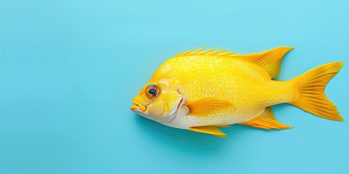 A vibrant yellow fish swims on a contrasting blue wall in an aquarium.