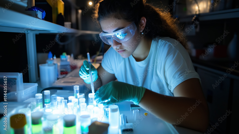 Poster scientist conducts experiments with glowing samples in a dimly lit laboratory during evening hours