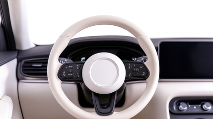Fototapeta premium A modern car interior featuring a sleek steering wheel and digital dashboard, emphasizing minimalist design and advanced technology.