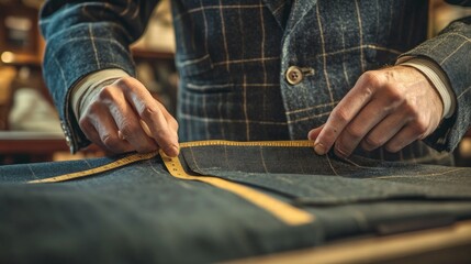 Fototapeta premium Close-up of a tailor cutting fabric, with measuring tape and chalk lines visible