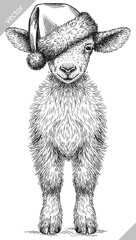 Vintage engraving isolated goat set dressed christmas illustration ink santa costume sketch. Farm animal background ram silhouette sheep new year hat art. Black and white hand drawn vector image