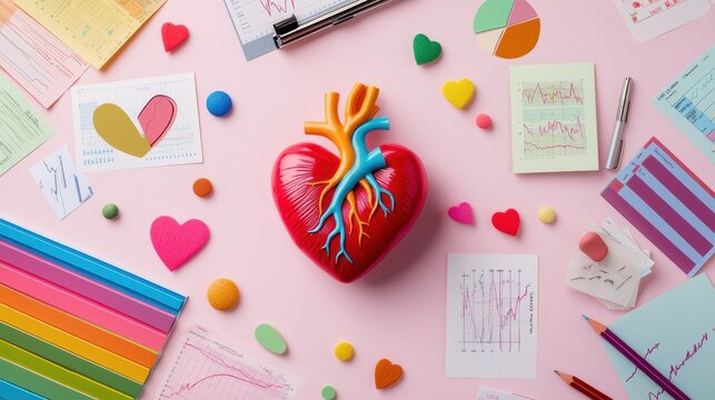 Colorful Heart Model Surrounded by Charts, Notes, and Stationery on Light Pink Table - Powered by Adobe