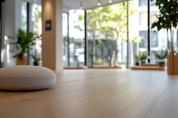 A contemporary meditation room filled with natural light, featuring cozy seating and indoor plants. The design promotes mindfulness and relaxation, perfect for meditation practices.