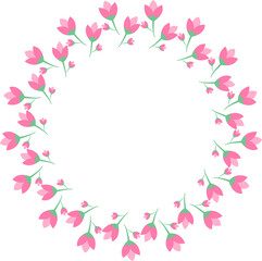 Circular floral frame made of pink flowers and green stems, minimalistic and decorative design.
