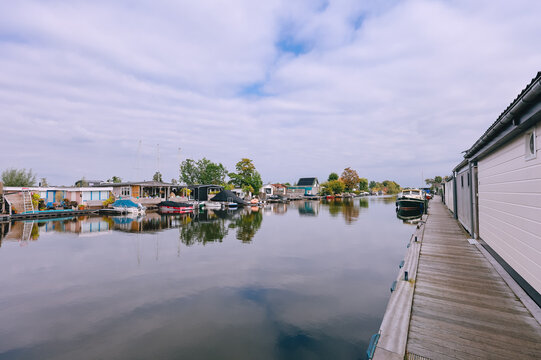 Houses on Loosdrechtse Plassen Lake with Boats, Islands and Canals. Scheendijk, Netherlands
