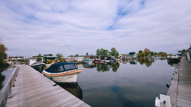 Houses on Loosdrechtse Plassen Lake with Boats, Islands and Canals. Scheendijk, Netherlands