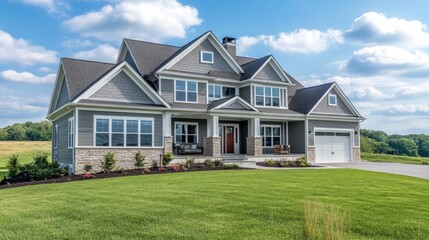 Two-story gray house with stone accents, large windows, and a wrap-around porch on a grassy lawn under a blue sky.