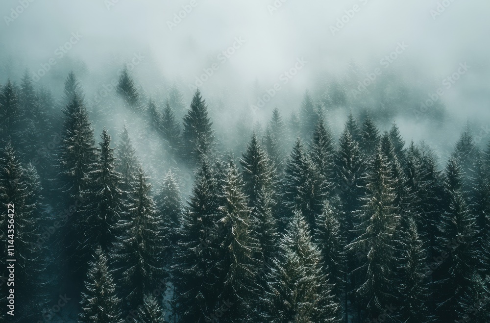 Poster Aerial View of Misty Evergreen Forest Covered with Snow in Winter Season with Soft Light Filtering Through Trees and Fog Enhancing the Tranquil Atmosphere