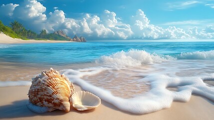 A tropical, summer beach scene with palm trees, seashells, and azure waters, inviting you to relax in the sun and surf of the seasonal paradise, seasonal serenity ::2 sandy shores, ocean waves, 