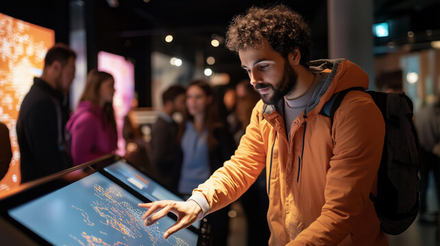Visitor interacts with digital exhibit in modern museum during evening hours