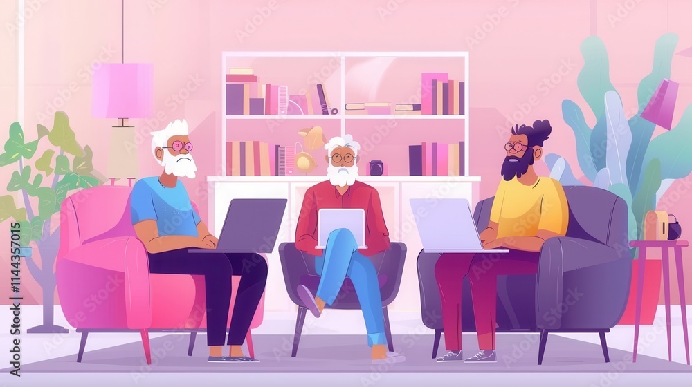 Poster Elderly individuals engaged in online courses using laptops and tablets in a modern and colorful environment. Generative AI