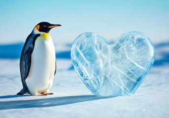 Obraz premium Emperor penguin stands beside a heart-shaped ice sculpture in a snowy landscape under clear blue skies