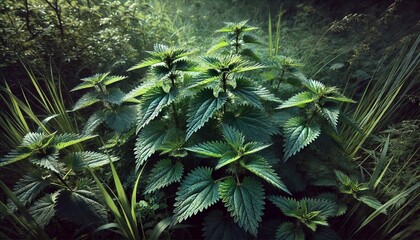 Obraz premium Wild Stinging Nettles Growing in a Sunlit Garden