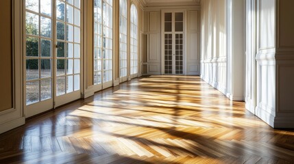 Obraz premium Close-up of intricate chevron parquet floors in a spacious hallway, illuminated by natural light streaming through large windows
