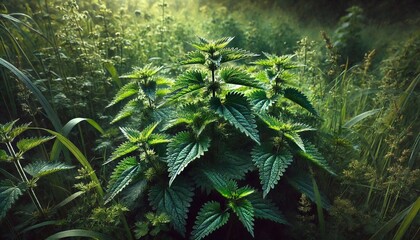 Obraz premium Wild Stinging Nettles Growing in a Sunlit Garden
