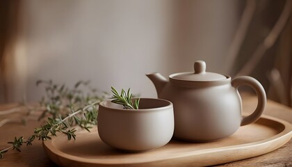 Fototapeta premium Matte Ceramic Teapot with Fresh Herbs on Wooden Tray – Natural and Earthy Tea Setup for Cozy Homes
