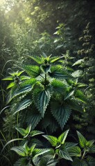 Obraz premium Wild Stinging Nettles Growing in a Sunlit Garden
