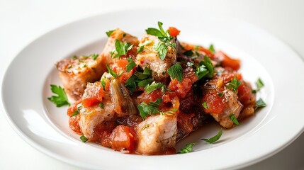 Fototapeta premium Freshly Prepared Fish Dish with Tomato Sauce and Herbs on White Plate