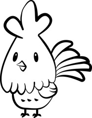 A black-and-white line drawing of a cartoon-style chicken. The chicken has a large comb on its head, small round eyes, a small beak, and a detailed tail with several feathers. Its body is plump with s