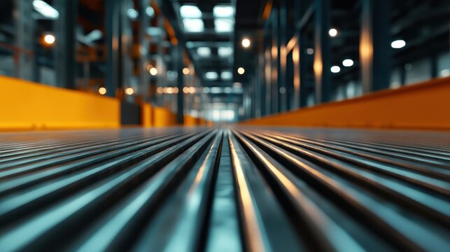 A sharply focused view of a linear metal floor in a sophisticated industrial setting, showcasing precision, order, and a timeless sense of robust engineering prowess.