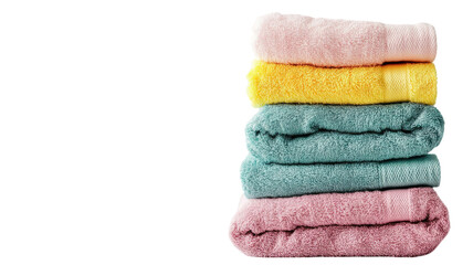 A beautifully arranged stack of colorful bath towels perfect for enhancing bathroom decor or spa aesthetics, showcasing various hues and textures that appeal to design enthusiasts..