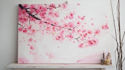 Beautiful Cherry Blossom Painting in Soft Pink Tones on Canvas