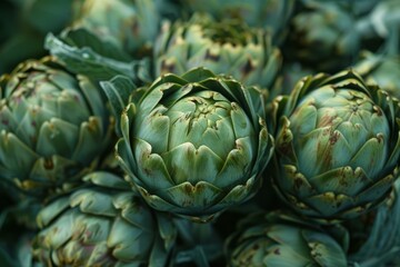 Fototapeta premium Fresh artichokes are piled together, creating an interesting textural background