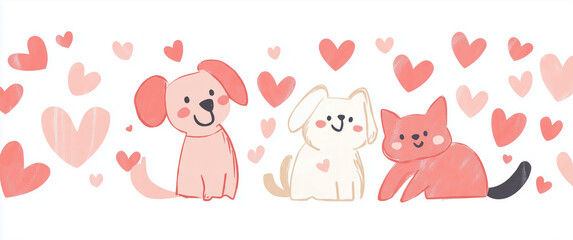 Obraz premium Hand Drawn Illustration of Cute Pets with Hearts in Fun and Love Theme