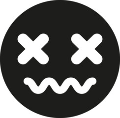 Black circle with a white face, crossed-out eyes, wavy mouth expressing confusion, dizziness, or being overwhelmed, cartoonish.
