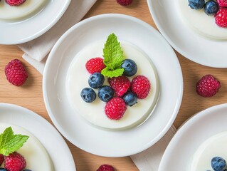 Creamy panna cotta topped with fresh berries and mint leaves on a wooden table